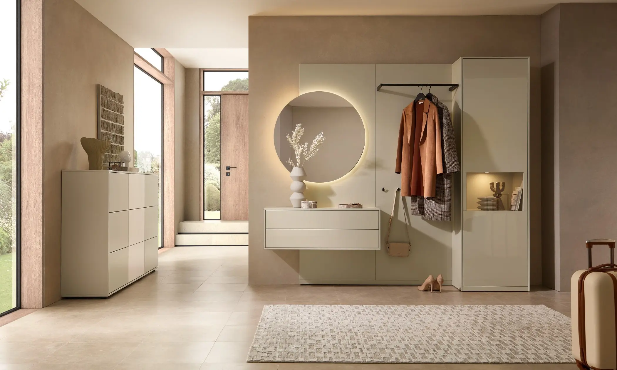 Face Garderobe hell, push to open, Grifflos, mit Paneel, Vitrine und Hängekommode in einem Farbton